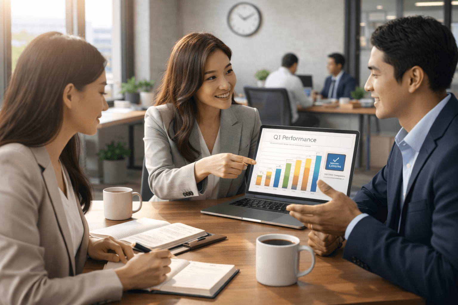 Q1 성과 회의 중인 직장인들