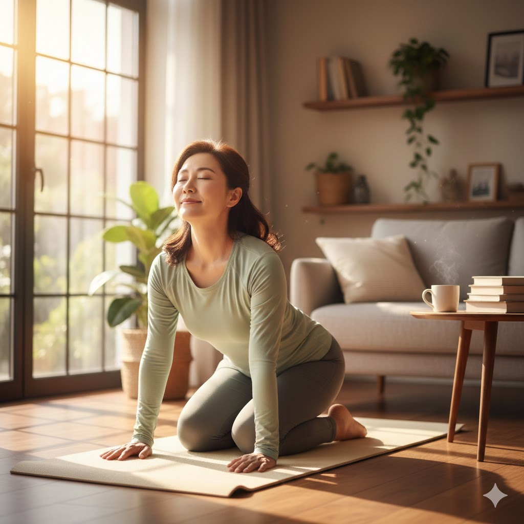 따스한 햇살이 비치는 거실에서 편안하게 스트레칭을 하고 있는 사진