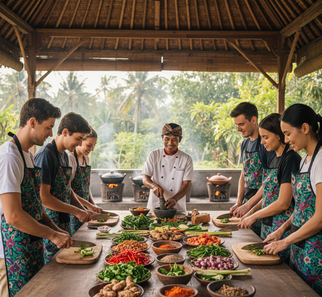 발리 로컬 쿠킹클래스에서 시장 재료를 이용해 요리하는 모습
