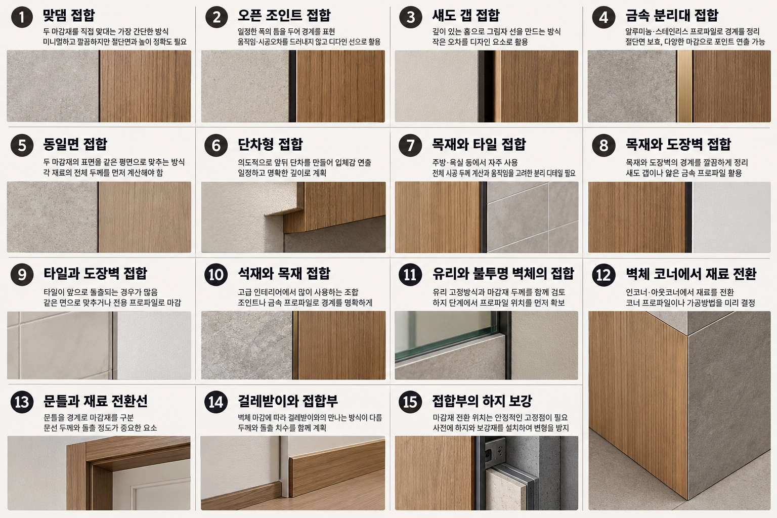 목재와 타일 등 서로 다른 벽체 마감재의 접합 디테일