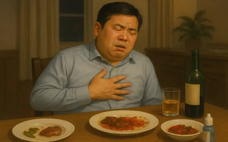 늦은 식사 후 속쓰림을 겪는 40대 중년 남성의 모습, 위식도역류질환을 연상시키는 장면