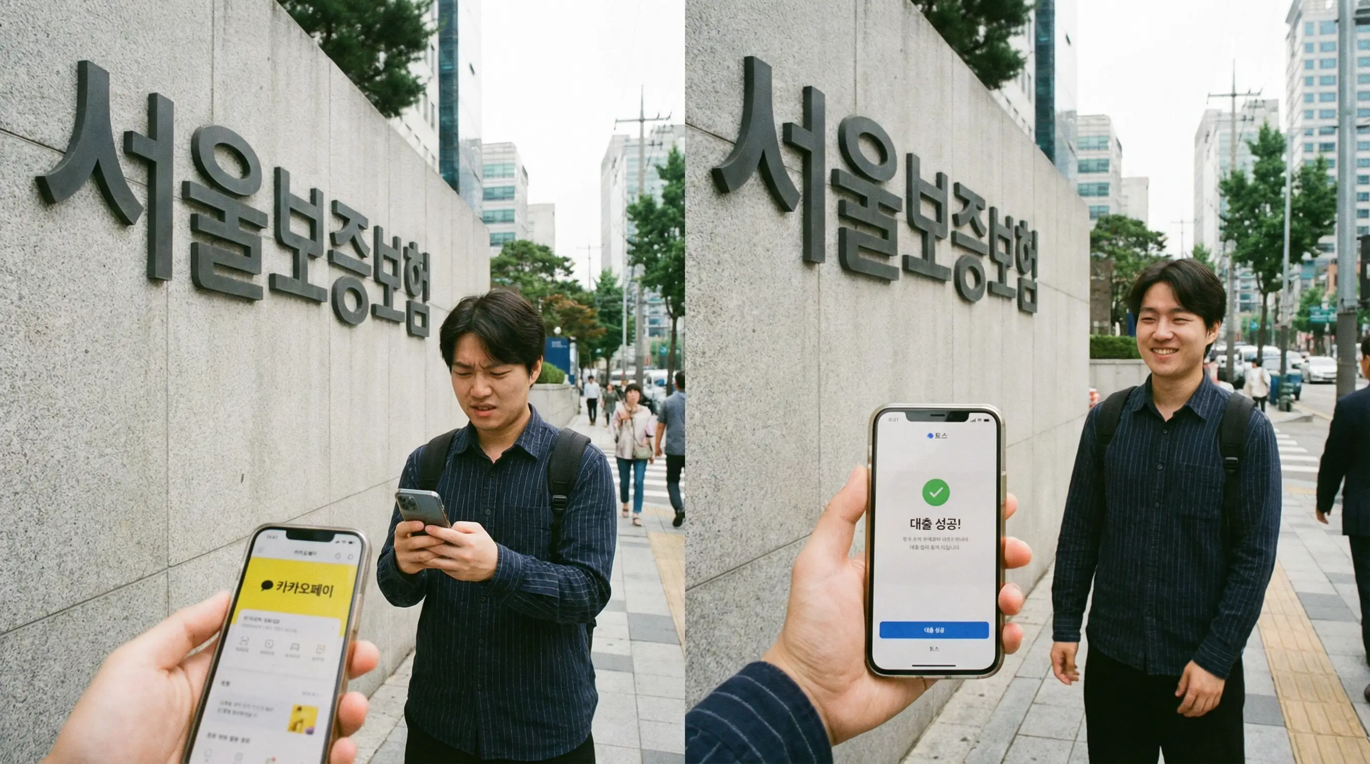 서울보증보험의 벽에 막힌 사용자가 카카오페이나 토스 등 다른 비상금 대출 앱으로 우회하여 성공하는 이미지