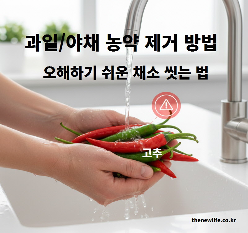 고추 꼭지를 떼지 않고 흐르는 물에 씻어 절단면 오염을 막는 올바른 과일 야채 농약 제거 방법