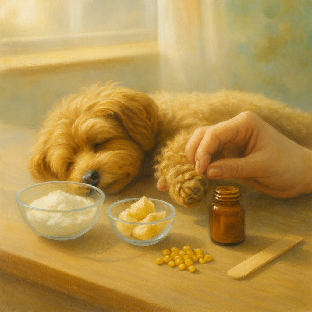 10분 투자로 만드는 우리 강아지 천연 발바닥 보습밤 (feat. 코코넛오일 & 시어버터)재료와 편하게 누워 보호자의 발마사지를 받고 있는 모습