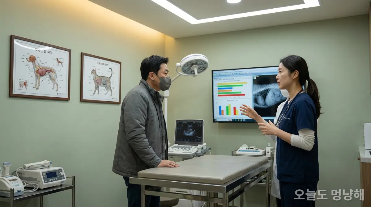 수의사가 보호자에게 건강검진 결과를 설명하는 동물병원 진료실