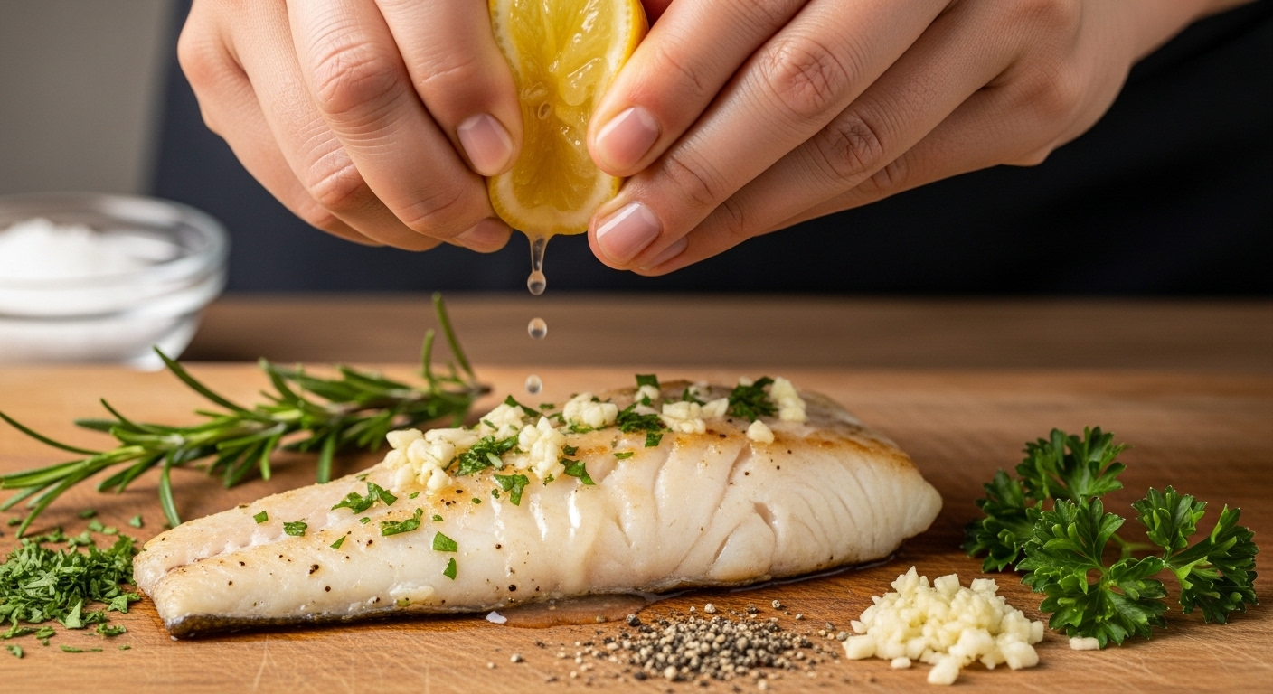 소금 대신 마늘, 허브, 올리브유를 사용하여 요리에 풍미를 더하는 손 클로즈업