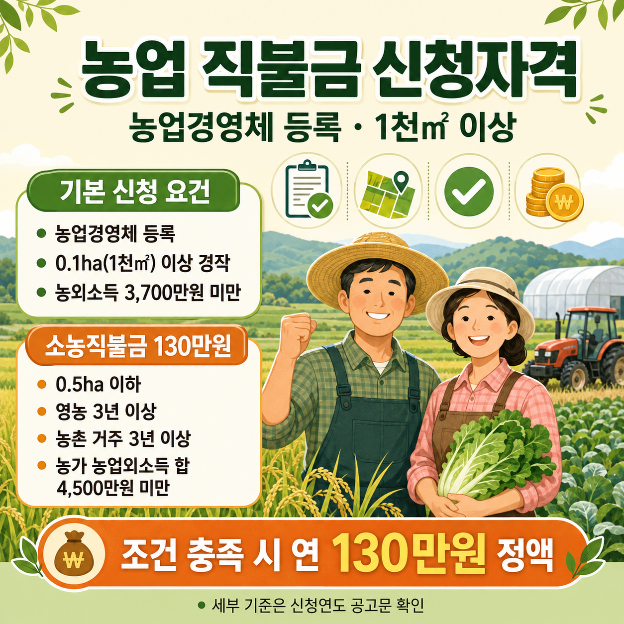 농업 직불금 신청자격｜농업경영체 등록&middot;1천㎡ 이상, 소농직불금 130만원 조건