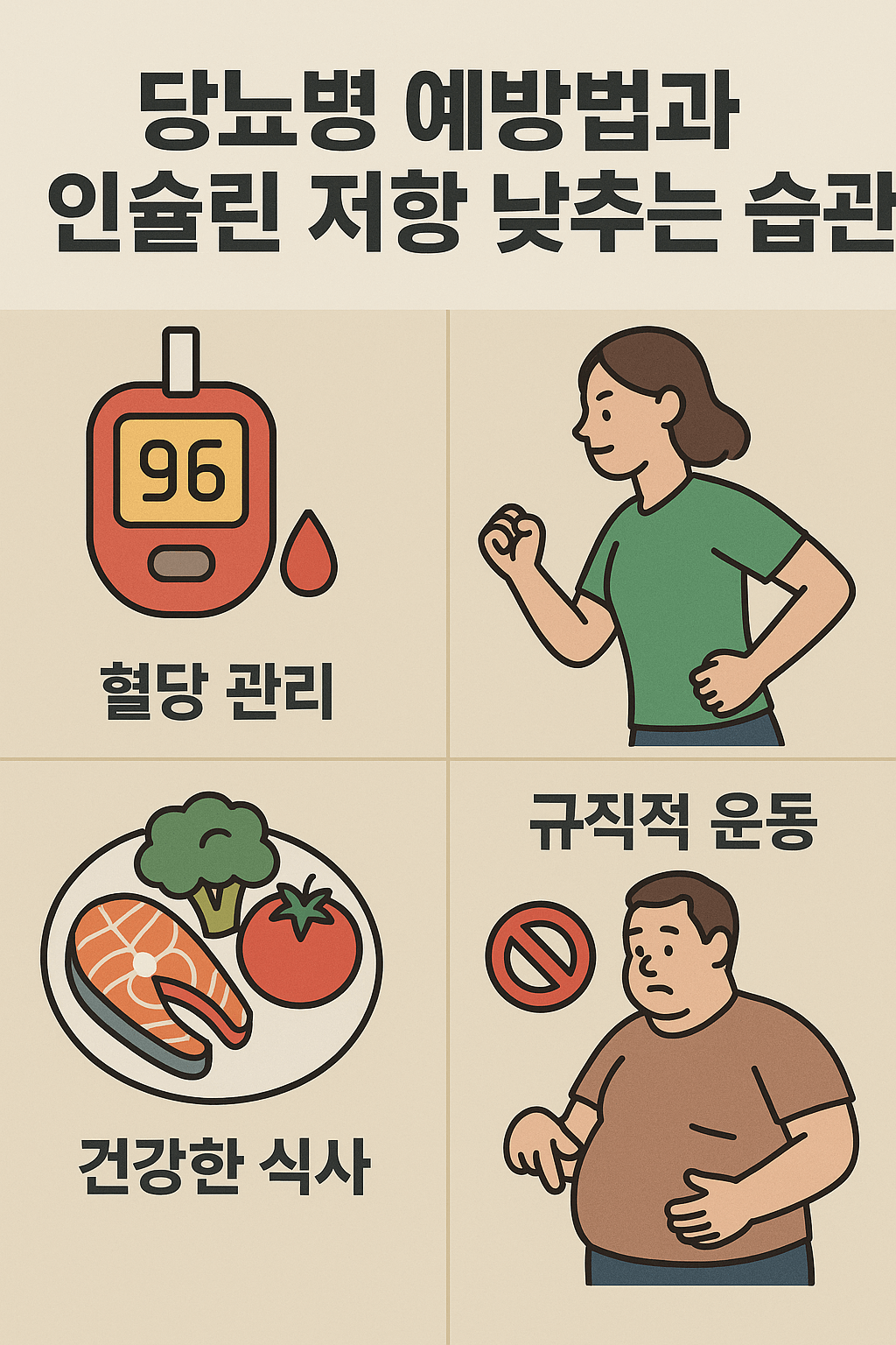 당뇨병 예방법과 인슐린 저항 낮추는 습관을 표현한 이미지