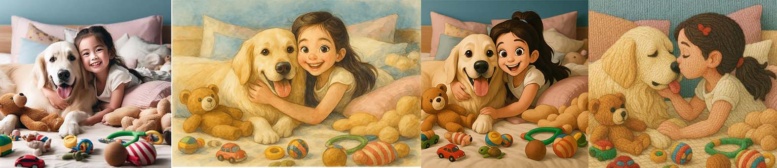 강아지와 소녀가 포옹하고 있는 다양한 그림스타일