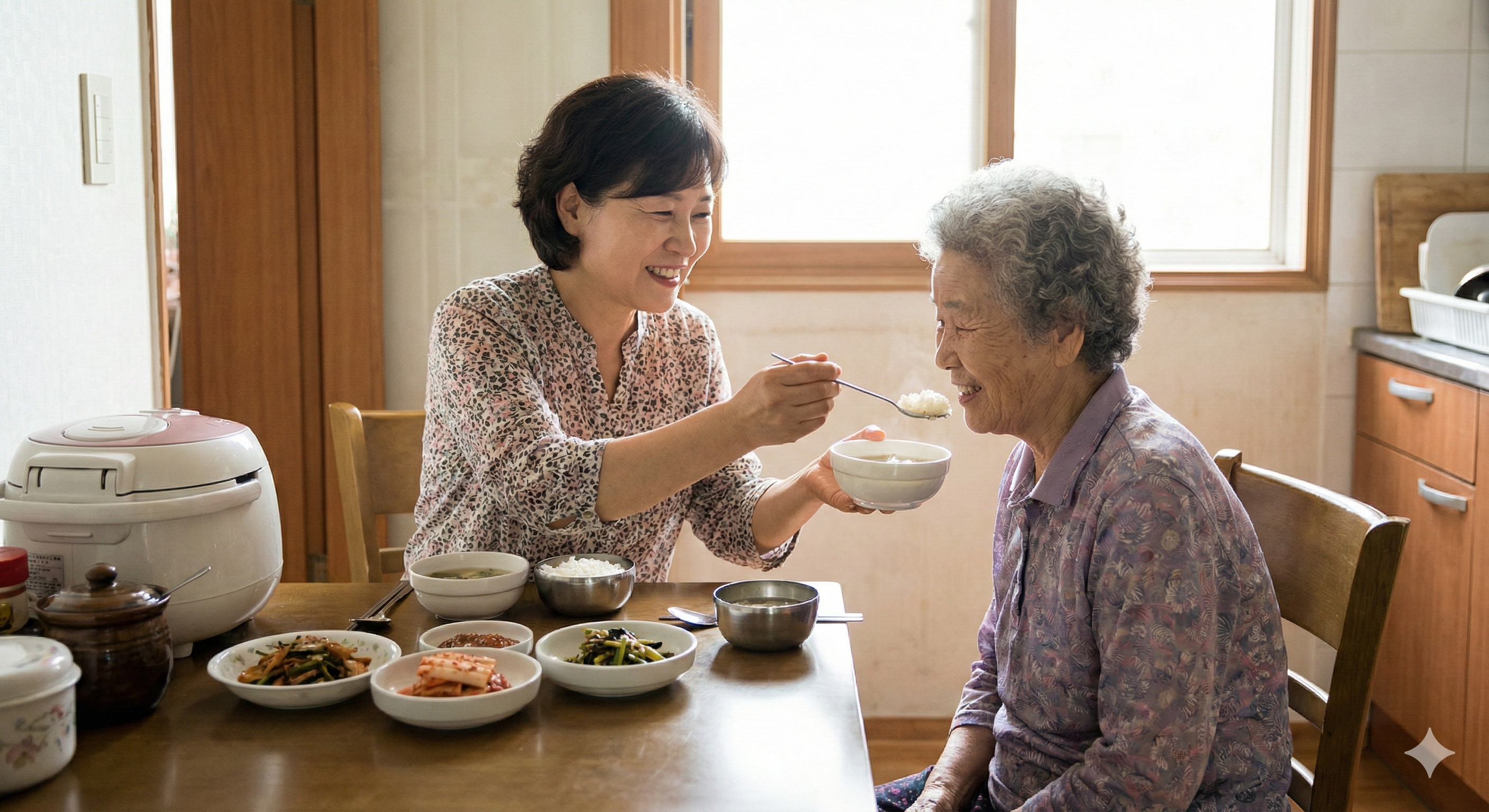 요양보호사가 집으로 방문하여 식사를 도와주는 모습