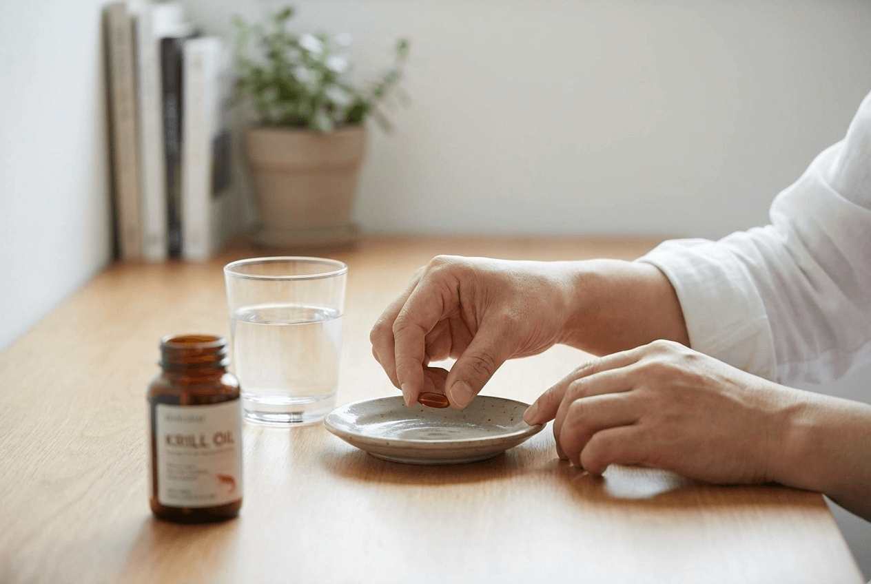 책상 위에 크릴오일 캡슐과 물컵이 놓여 있고 복용 전 루틴을 준비하는 장면으로 크릴오일을 자연스럽게 보여준다.