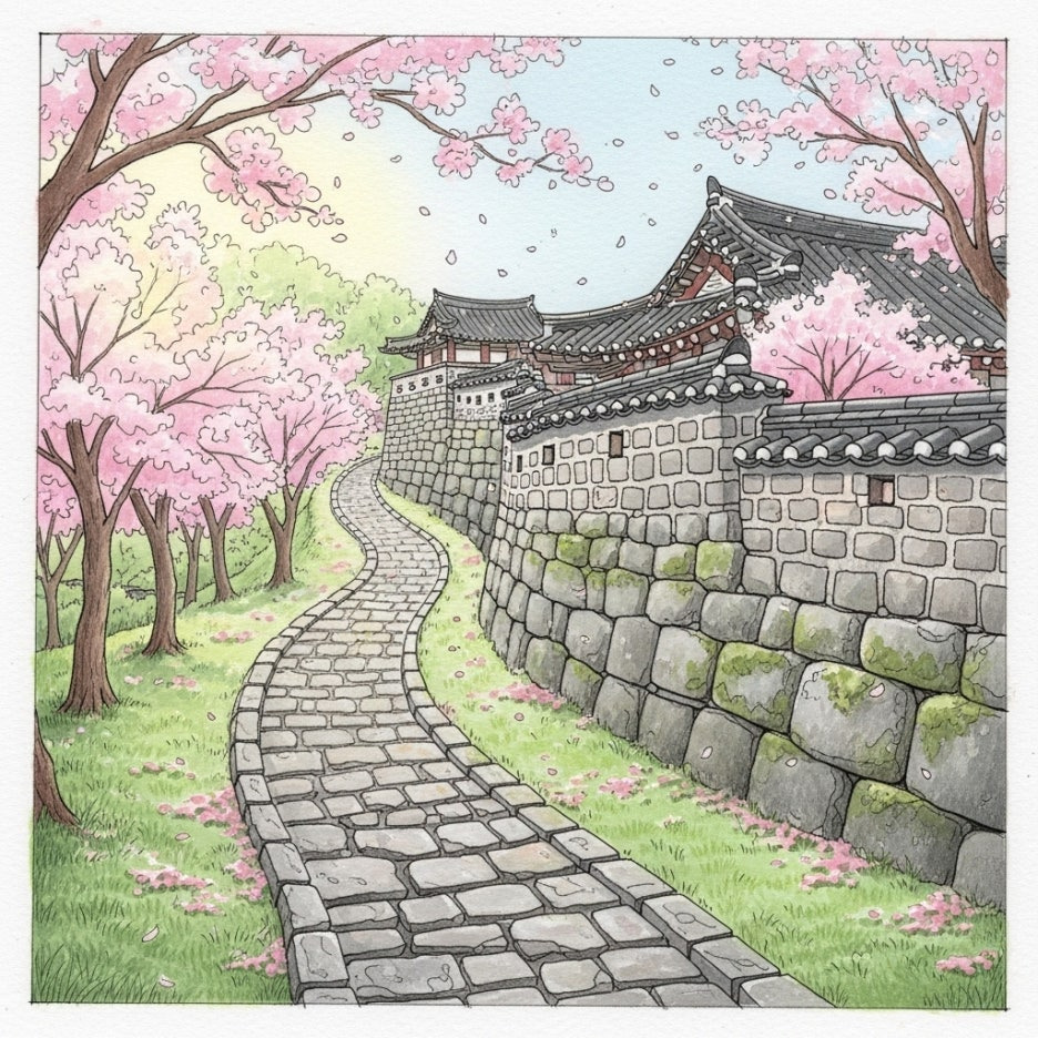 꽃잎이 흩날리는 고즈넉한 성곽 산책로