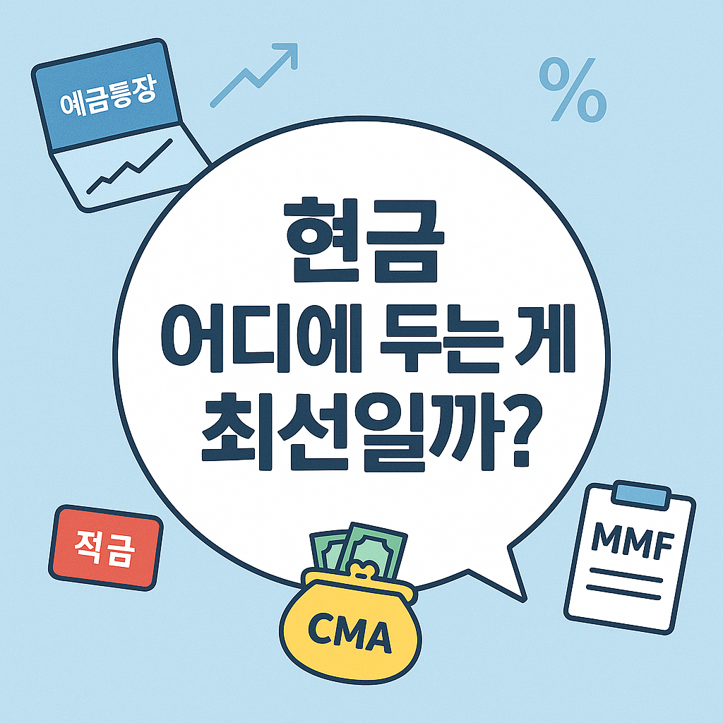 현금 어디에 두면 좋을까?’라는 문구와 함께 예금통장, MMF, CMA, 적금 아이콘이 균형 있게 배치된 이미지