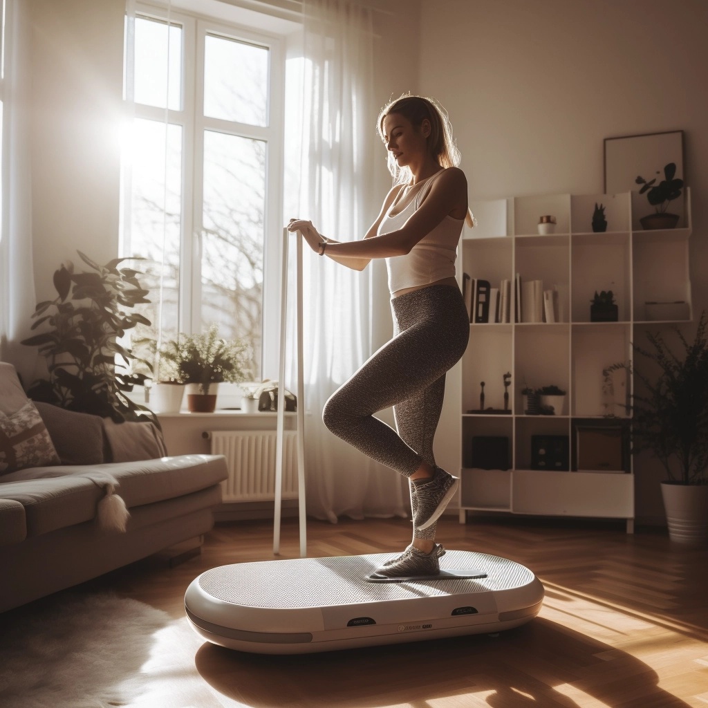 진동 플레이트를 타고 있는 여성