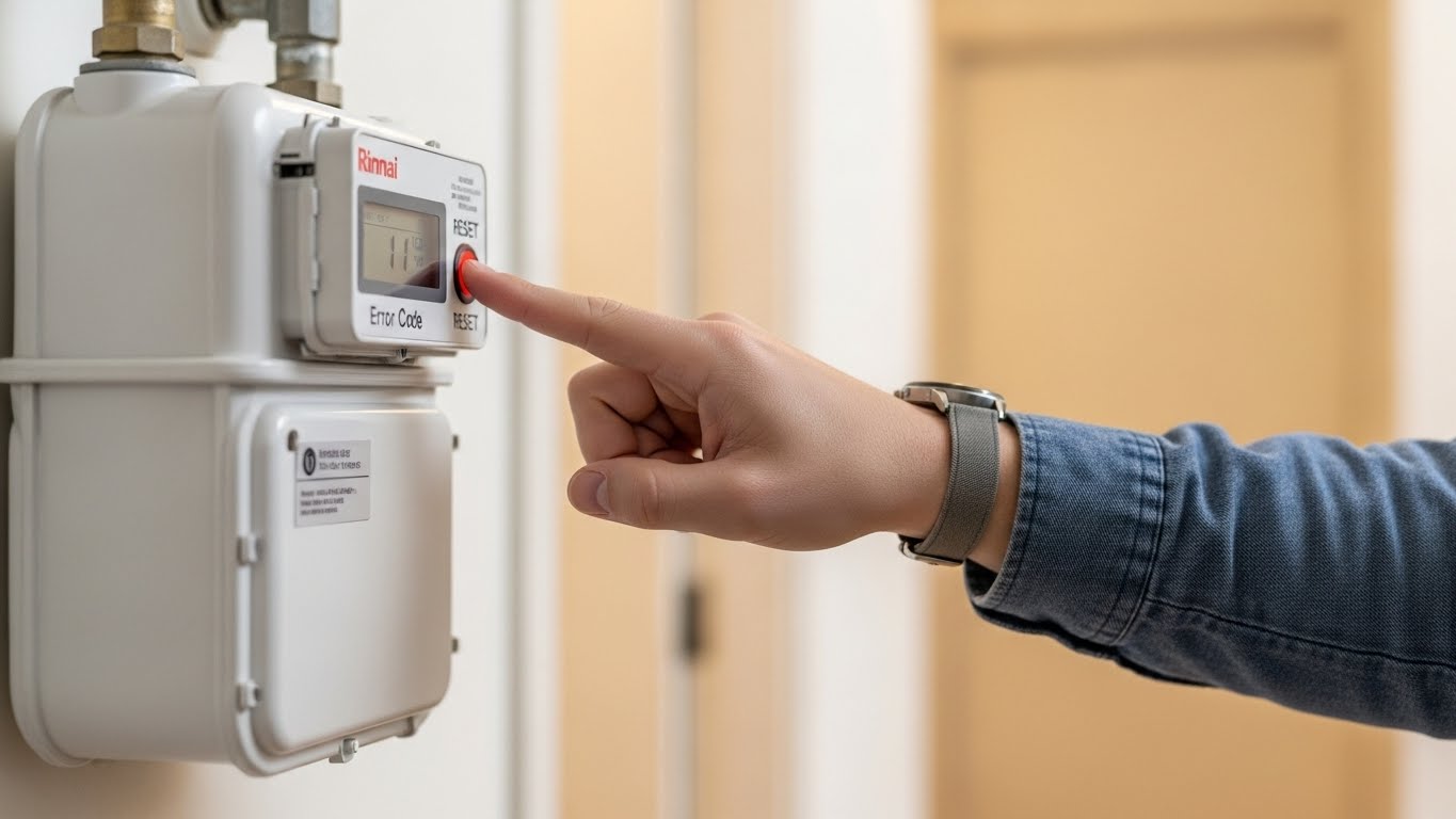 복도 가스 계량기의 복귀 버튼을 누르는 손