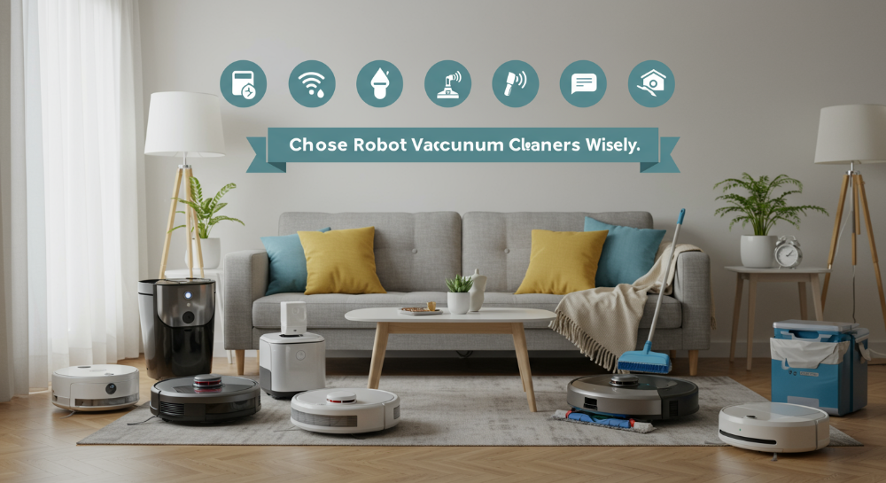 다양한 로봇청소기 모델들이 놓여 있는 깔끔한 거실 배경, 가격대별 성능 비교를 시각적으로 보여주는 이미지