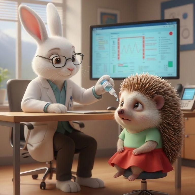 의사선생님이 도치씨의 눈에 안약을 넣어주는 모습