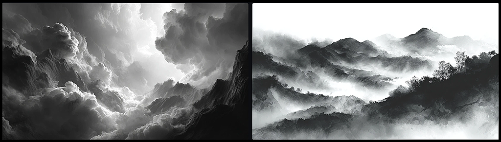 수묵의 짙은 안개와 먹의 번짐을 활용한 시네마틱 영화 인트로 타이틀 배경 _Midjourney