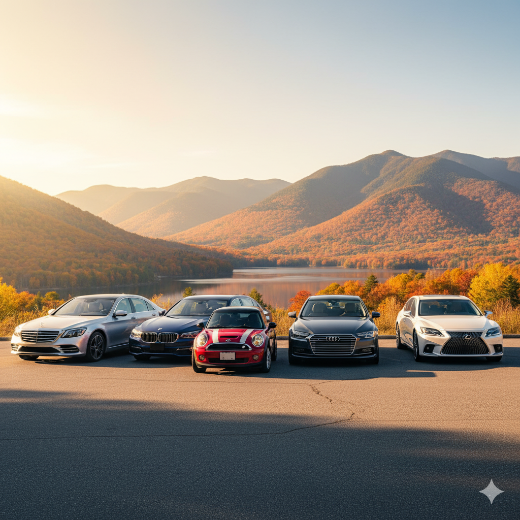 “가을 산과 호수를 배경으로 벤츠, BMW, 아우디 등 여러 수입차가 나란히 서 있는 모습.
중고 수입차 비교, 자동차 구매, 리스, 보험, 차량 점검을 상징하는 밝고 신뢰감 있는 자동차 이미지.”