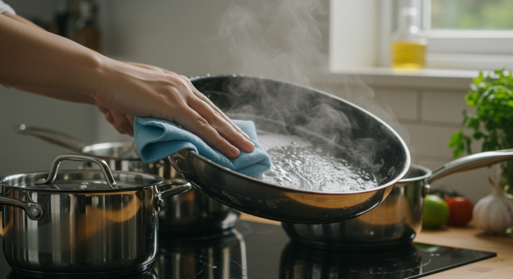 스테인리스 냄비와 팬에서 연마제를 제거하는 모습. 거품과 증기가 있는 친환경 세척제로 광택이 나는 표면을 부드럽게 닦는 손과 깨끗하고 반사되는 스테인리스 주방용품. 건강한 주방 환경을 강조.