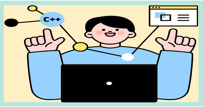 &ldquo;노트북 앞에서 코딩과 웹 개발을 배우는 청년의 일러스트&amp;#44; C++와 프로그램 화면 아이콘이 연결된 모습&rdquo;