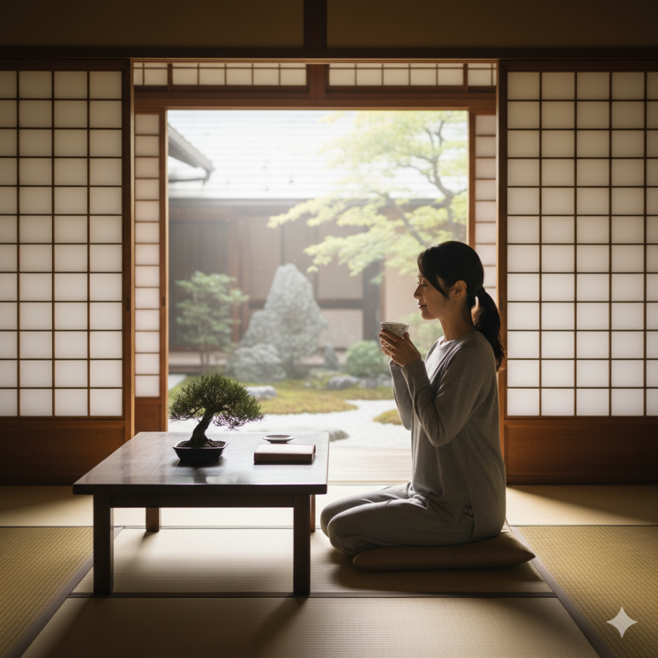 깔끔하게 정리된 거실에서 평온하게 커피를 마시는 사람의 모습, 공간리셋과 효율유지를 상징(이미지 생성:google)