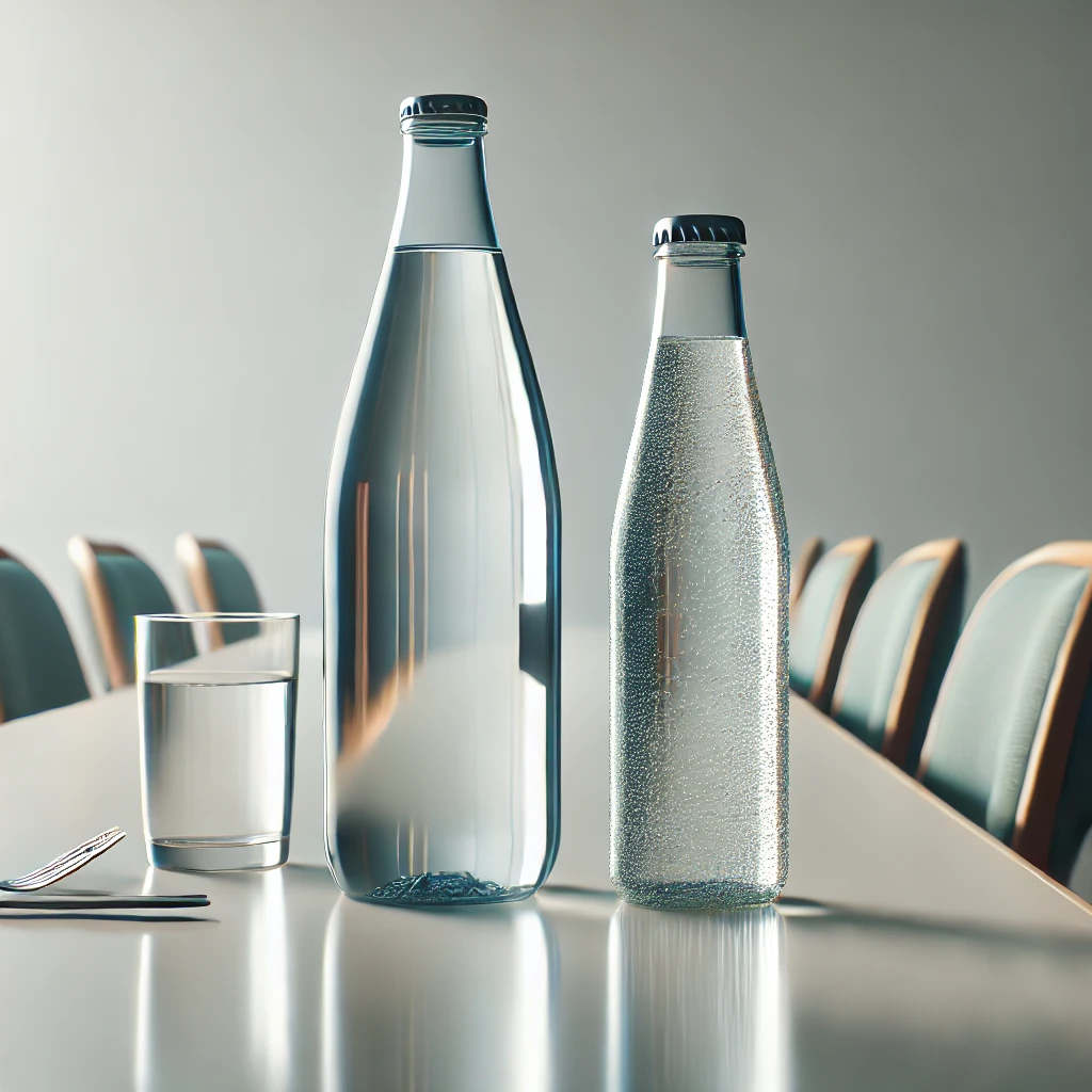 생수와 탄산수가 식탁위에 올려져 있는 사진