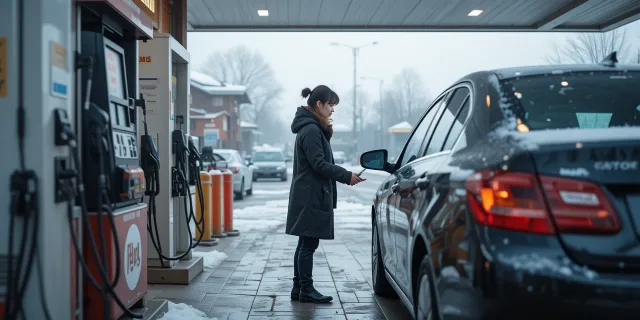 겨울철 셀프 주유소에서 차량 타이어에 공기를 보충하는 모습