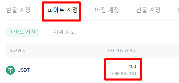 입금이 완료된 후 피아트 계정 내의 사용 가능 금액을 나타내고 있다.