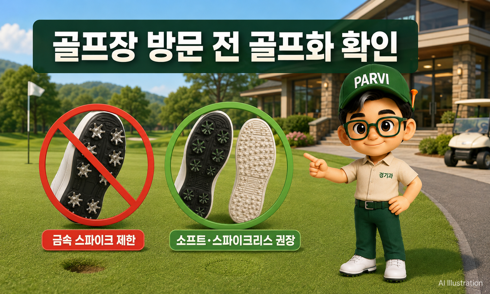 금속 스파이크 제한과 소프트 스파이크&middot;스파이크리스 골프화를 안내하는 경기과 PARVI