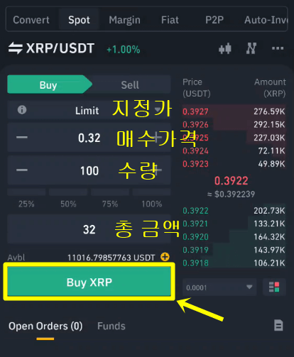 리플 매수, 매도 창에서 리플을 구매하는 것을 캡쳐하였음