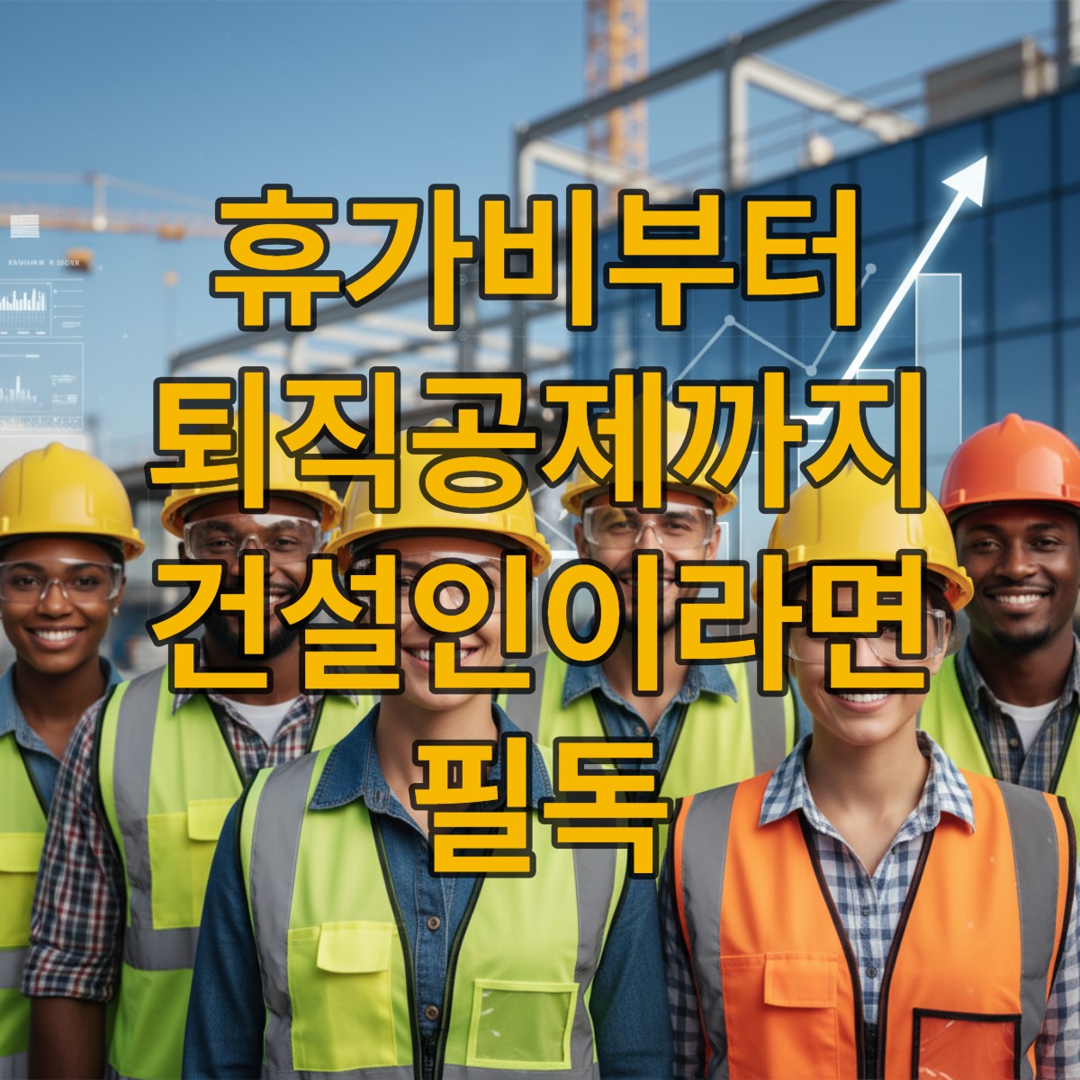 활짝 웃으며 미래를 바라보는 건설근로자들이 건설 현장을 배경으로 함께 서 있는 모습, 2026년 건설근로자 복지 혜택의 긍정적인 효과를 상징합니다.