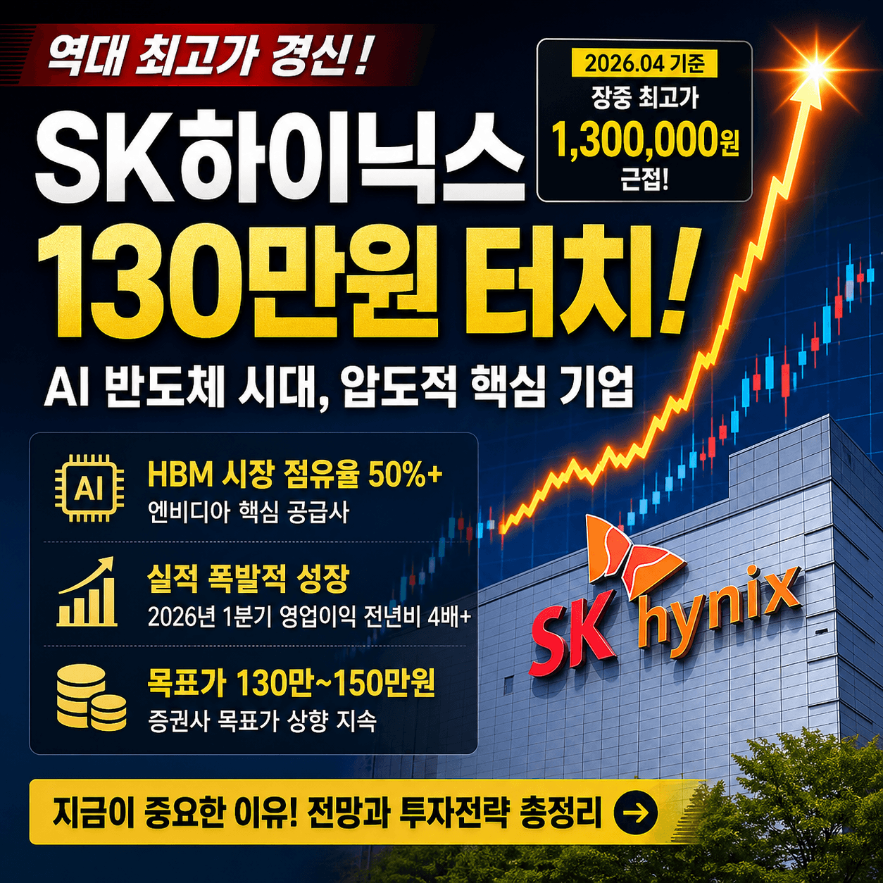 SK하이닉스 주가가 단순 상승을 넘어 역사적 고점을 연일 갱신하고 있습니다. 2026년 현재 장중 130만 원에 근접하는 흐름 속에서, 투자자들의 가장 큰 고민은 &ldquo;지금 들어가도 되는가&rdquo;입니다. AI 반도체 핵심 기업으로 완전히 자리 잡은 SK하이닉스의 실제 최고가 기준 데이터, 상승 배경, 그리고 앞으로의 전망까지 투자 판단에 필요한 핵심만 정리해드립니다.




SK하이닉스 최신 주가 확인하기




하이닉스 최고가 돌파 배경과 이유 (최신 기준)
SK하이닉스는 2026년 4월 기준 장중 약 1,290,000원~1,300,000원 수준까지 상승하며 역대 최고가를 지속적으로 갱신하고 있습니다. 과거 10만 원대에서 거래되던 종목이 이제 100만 원을 넘는 레벨로 올라온 것은 단순한 기대감이 아닌 구조적인 산업 변화가 반영된 결과입니다.

핵심은 AI 반도체입니다. 특히 GPU에 필수적으로 탑재되는 HBM(고대역폭 메모리) 시장에서 SK하이닉스는 글로벌 점유율 약 50~60% 수준을 확보하며 사실상 시장을 주도하고 있습니다. 엔비디아 공급망 핵심 기업으로 자리 잡으면서, 단순 메모리 기업이 아닌 &ldquo;AI 인프라 기업&rdquo;으로 재평가 받고 있습니다.

또한 2023년 반도체 불황에서 적자를 기록했던 것과 달리, 2024~2026년 구간에서는 실적이 폭발적으로 개선되고 있습니다. 매출과 영업이익 모두 급증하며 실적이 주가 상승을 직접적으로 뒷받침하고 있는 상태입니다.

요약: AI 시대 핵심 메모리 + HBM 시장 지배력 + 실적 급증 &rarr; 130만 원 돌파
지금 하이닉스 매수 전략 (현실적인 접근)
① 현재 위치: 상승 초입이 아닌 중후반 구간
2022년 저점 약 7만 원대 대비 현재 주가는 약 15배 이상 상승한 상태입니다. 이는 이미 시장 기대가 상당 부분 반영된 구간으로, 초기 투자 구간과는 완전히 다른 전략이 필요합니다.

② 단기 매수 전략 (1개월 기준)
현재는 고점 영역에서 변동성이 매우 큰 구간입니다. 하루에도 5~10% 변동이 발생할 수 있기 때문에, 시장가 추격 매수는 리스크가 큽니다. 5~10% 조정 구간에서 분할 매수하는 전략이 가장 현실적인 접근입니다.

③ 실전 체크 포인트
HBM 가격 및 공급 계약 유지 여부
엔비디아 AI 투자 지속 여부
DRAM 가격 상승 흐름 유지 여부
외국인 수급 (핵심 변수)
요약: 지금은 추격 매수 금지 &rarr; 눌림목 분할 매수 전략 필수
앞으로 전망 (심화 분석)
현재 반도체 시장은 과거와 달리 단순한 경기 사이클이 아니라 AI 인프라 투자 사이클로 진입했습니다. 이는 단기 상승이 아닌 중장기 성장 구조로 해석할 수 있습니다.

✔ 상승 시나리오
HBM4 출시 및 고부가 제품 비중 확대
AI 데이터센터 투자 지속 증가
DRAM 가격 상승 및 공급 제한 지속
엔비디아, AMD 등 AI 기업 성장 지속
이 경우 주가는 추가 상승 여력이 충분하며, 시장에서는 130만~150만 원 이상 구간까지도 가능성을 열어두고 있습니다.

✔ 하락 리스크
AI 투자 둔화 (가장 큰 리스크)
삼성전자 HBM 경쟁 심화
고점 밸류에이션 부담
외국인 수급 이탈
특히 현재는 기대감이 상당 부분 반영된 상태이기 때문에, 작은 악재에도 주가 조정 폭이 크게 나올 수 있는 구간입니다.

요약: 구조적 상승은 유효하지만 단기 과열 구간 진입
결론 (지금 사도 될까?)
✔ 단기 (1개월)
&rarr; 변동성 매우 큼 (고점 구간)

✔ 중기 (6개월~1년)
&rarr; 상승 가능성 유지 (AI 수요 기반)

✔ 추천 전략
&rarr; 지금 풀매수 ❌
&rarr; 조정 시 분할 매수 ⭕

한줄 결론: 좋은 기업은 맞지만, 지금은 가격보다 타이밍이 더 중요한 구간
SK하이닉스 주가 흐름 (업데이트)
구간	주가	핵심 의미
2022년 저점	약 70,000원	반도체 불황
2023년 말	약 130,000원	AI 기대 반영 시작
2024~2025	200,000원대	HBM 성장 본격화
2026년 현재	1,300,000원 근접	AI 시대 핵심 종목
요약: 7만 원 &rarr; 130만 원 (약 18배 상승), 역사적 상승 구간



하이닉스주가130 최고가 전망