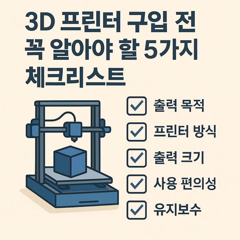 3D 프린터 구입 전 꼭 알아야 할 5가지 체크리스트를 시각적으로 정리한 대표 이미지