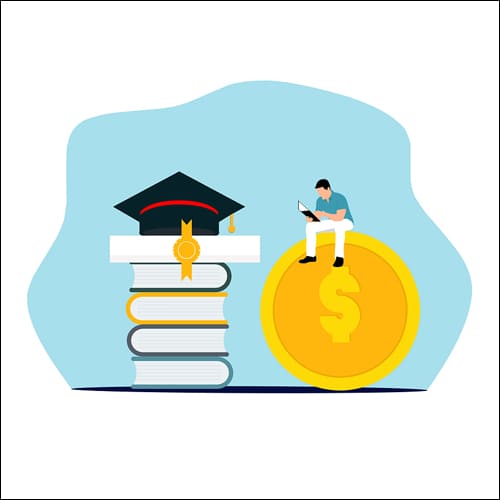 책이 쌓여 있고 옆에는 달러 동전 위에 사람이 앉아 있음