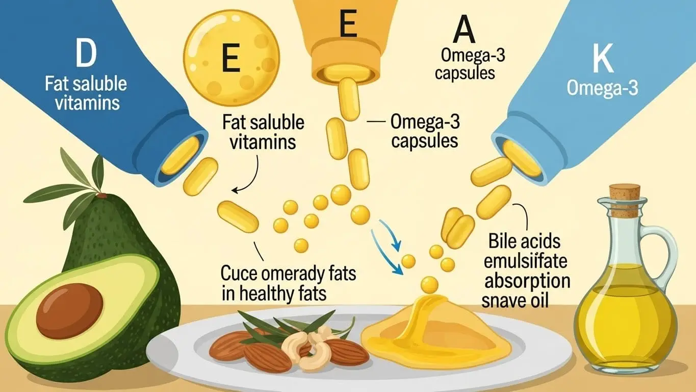 지용성 비타민과 오메가3가 건강한 지방이 포함된 식사와 함께 섭취되고, 담즙산이 흡수를 돕는 과정을 보여주는 인포그래픽. 따뜻하고 건강한 느낌의 이미지입니다.