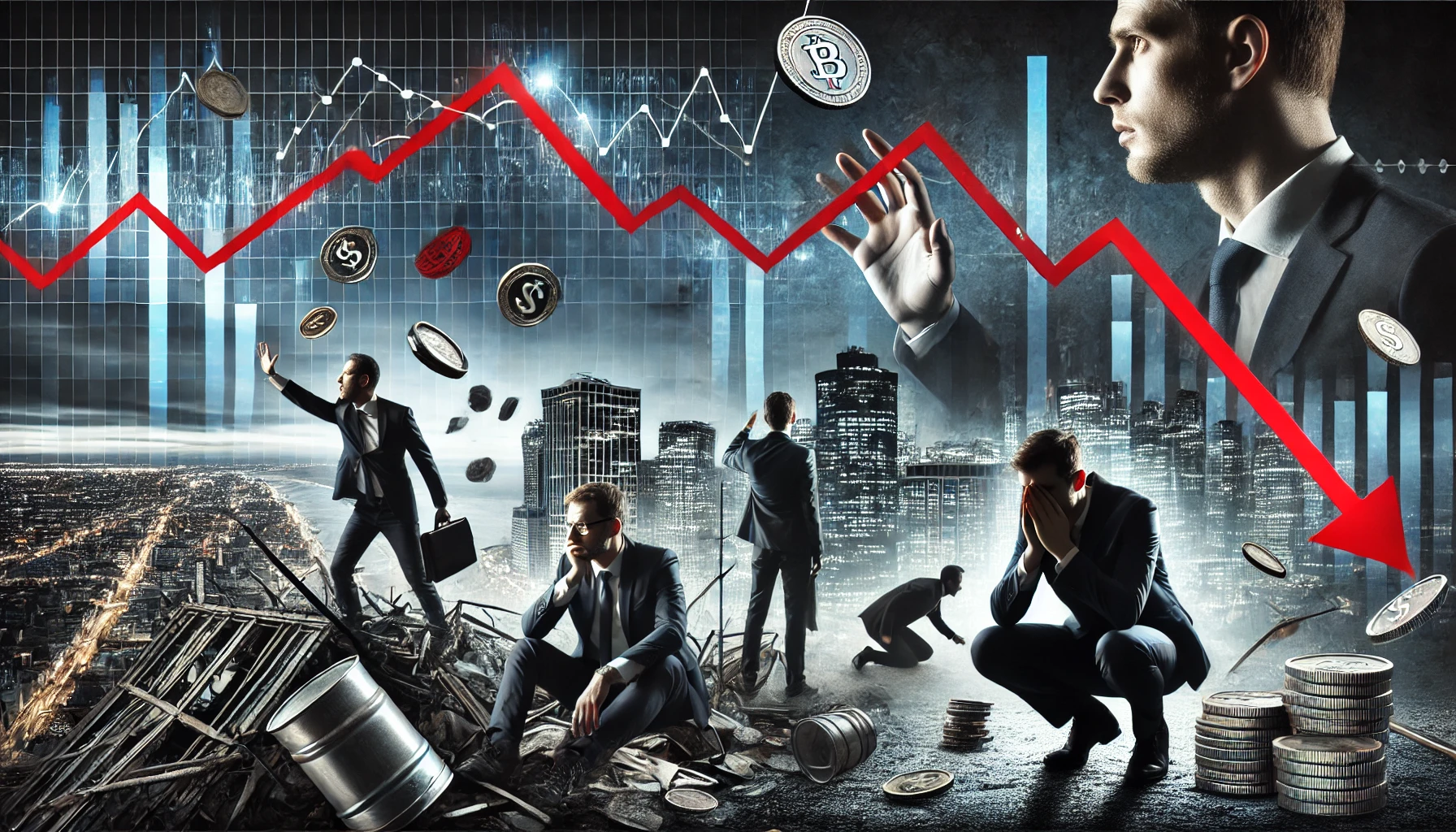 경제위기를 표현한 이미지. 주식 시장의 하락 그래프, 걱정스러운 표정의 비즈니스맨들, 무너지는 금융 건물과 어두운 분위기를 포함. 경제 침체를 상징하는 빨간색 하락 화살표, 떨어지는 동전, 불안정한 시장 지표를 통해 금융 불안정을 강조한 현실적이고 강렬한 디자인