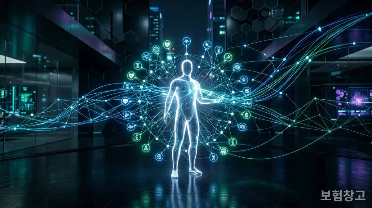 데이터와 AI가 개인의 건강을 예측하는 미래형 헬스케어 시스템의 추상적인 모습