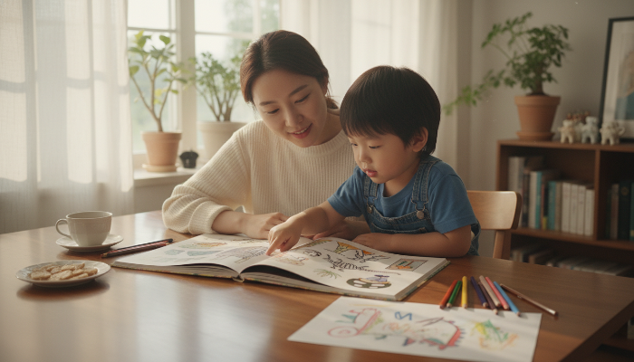 박물관 방문 후 엄마와 아이가 함께 관련 그림책을 보며 대화하는 따뜻한 장면. 아이가 책 속 그림을 가리키며 호기심을 표현하고 있습니다.