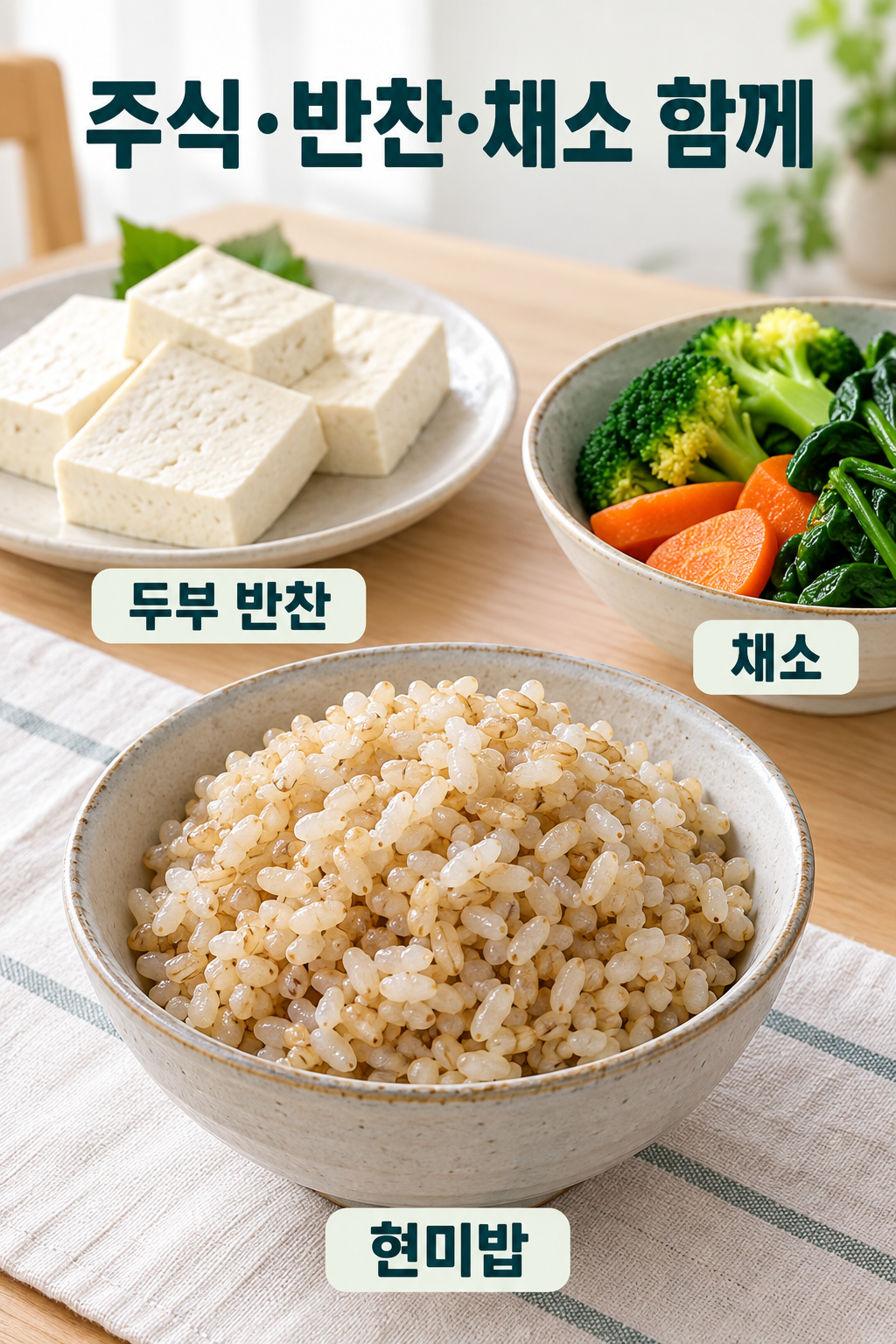 지은 현미밥, 일반두부 반찬과 익힌 채소를 각각 구분한 한 끼 구성