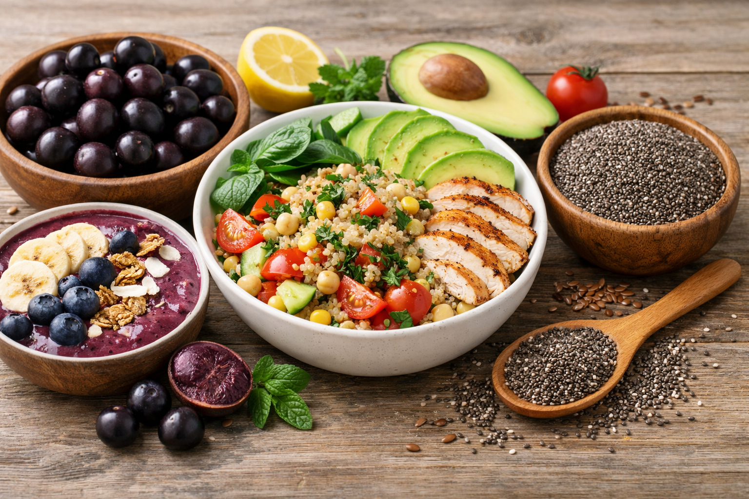 아사이베리&middot;퀴노아&middot;치아시드를 한 화면에 배치한 세계 3대 슈퍼푸드 영양 이미지