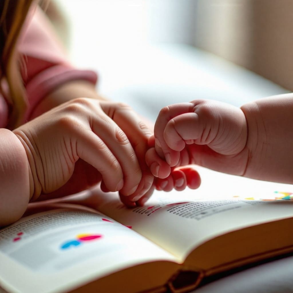엄마와 아기의 손: 엄마의 손과 아기의 작은 손이 함께 책을 넘기는 모습, 따뜻한 감정을 전달하는 이미지.