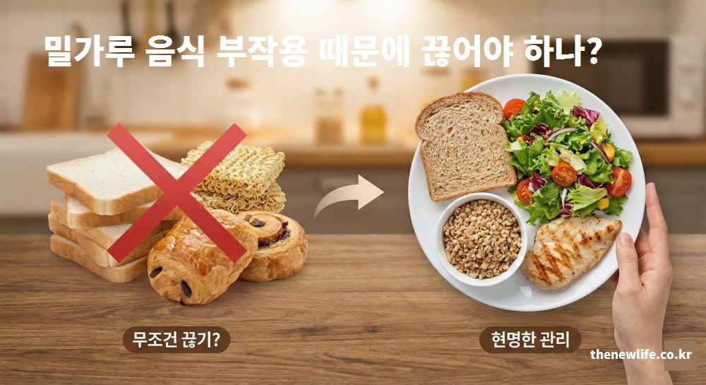 밀가루 음식 부작용이 두려워 무조건 끊는 것과 통밀빵과 샐러드 등을 활용해 건강하게 관리하는 식단을 비교한 이미지