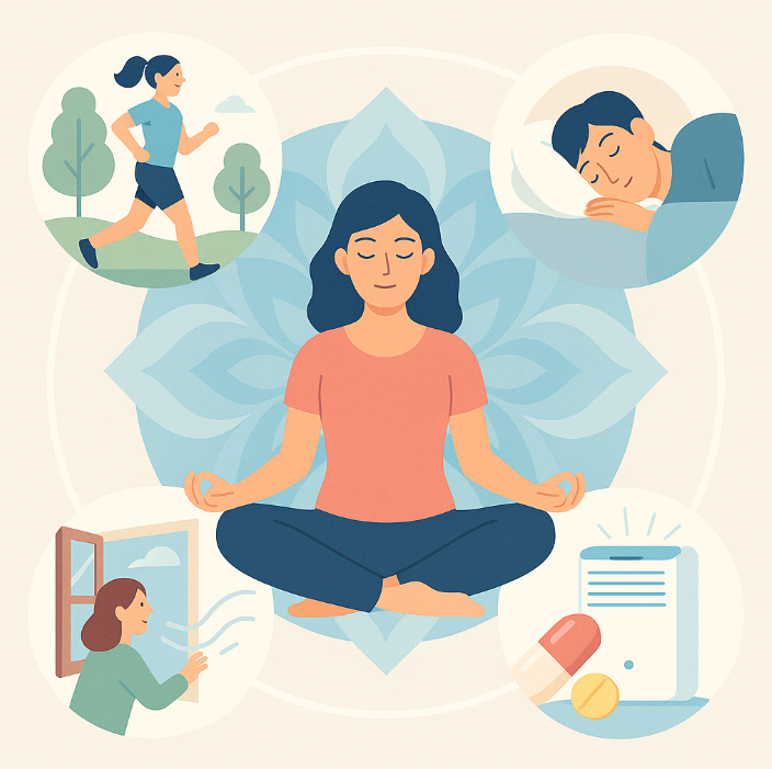 명상하는 여성과 함께 건강한 생활습관을 상징하는 아이콘들: 운동, 수면, 환기, 공기청정기, 약 복용을 나타낸 일러스트