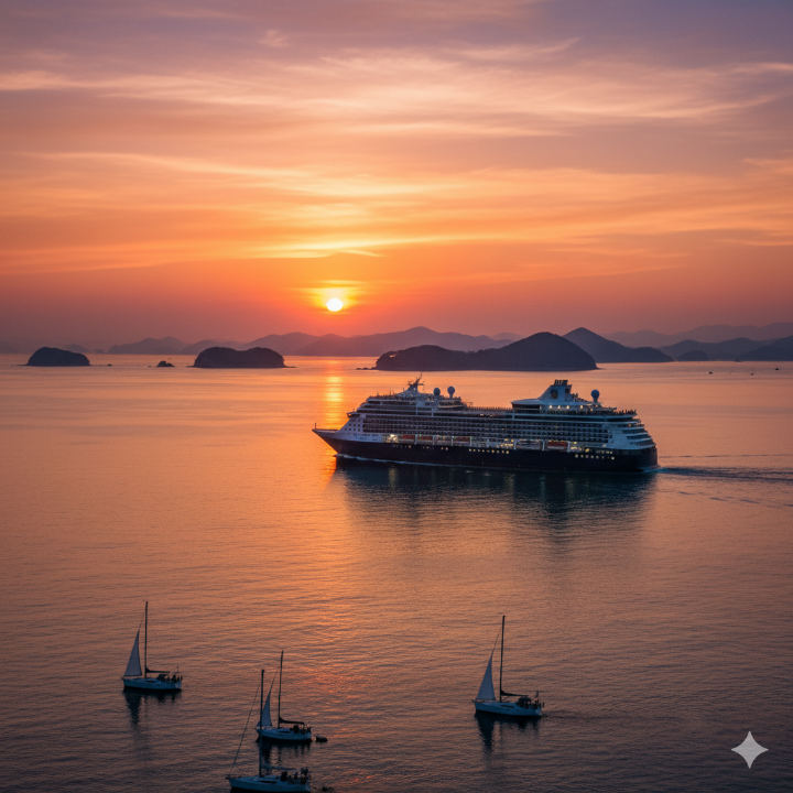 여수 앞바다에서 노을을 배경으로 운항하는 크루즈 사진