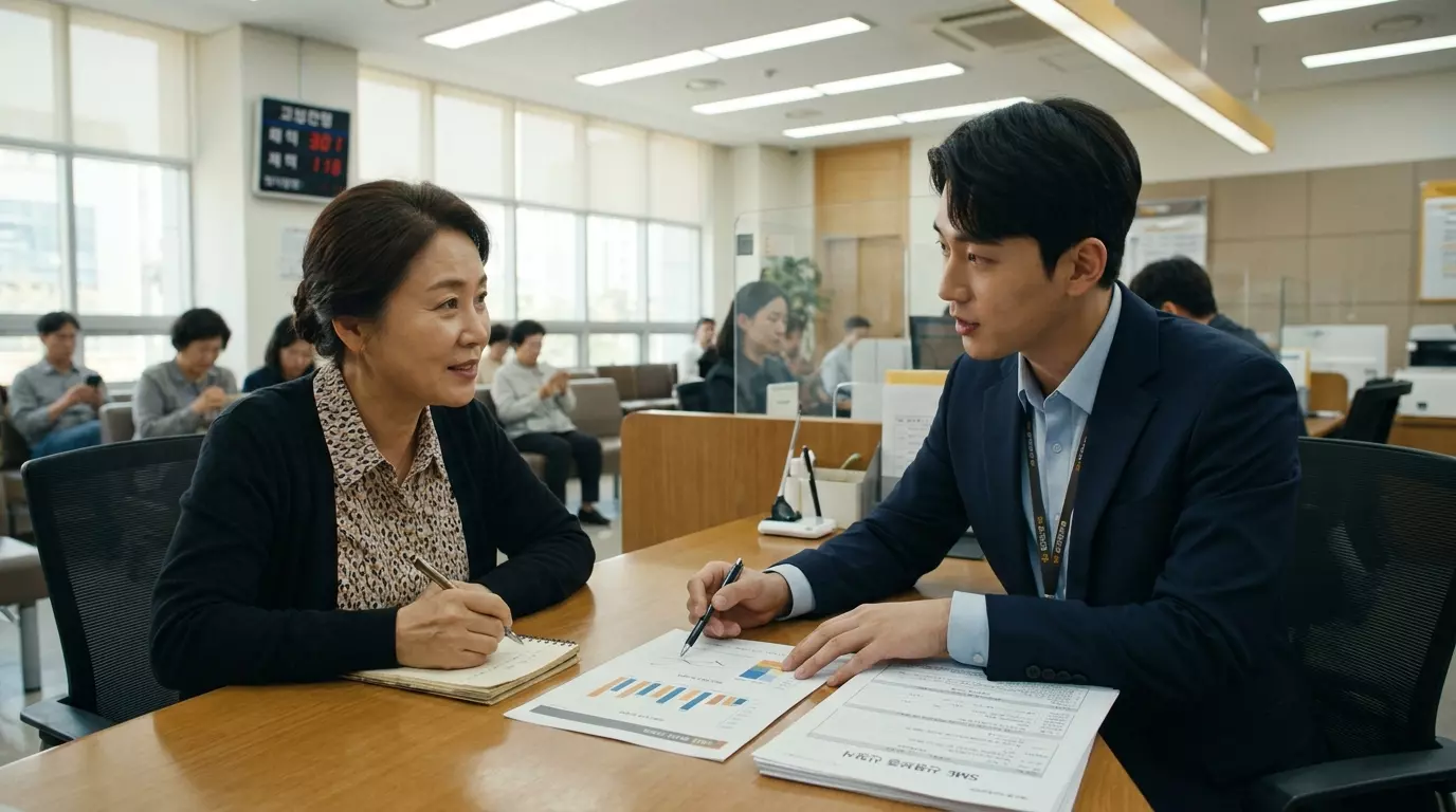시중은행 창구에서 대출 한도를 상담하고 있는 장면