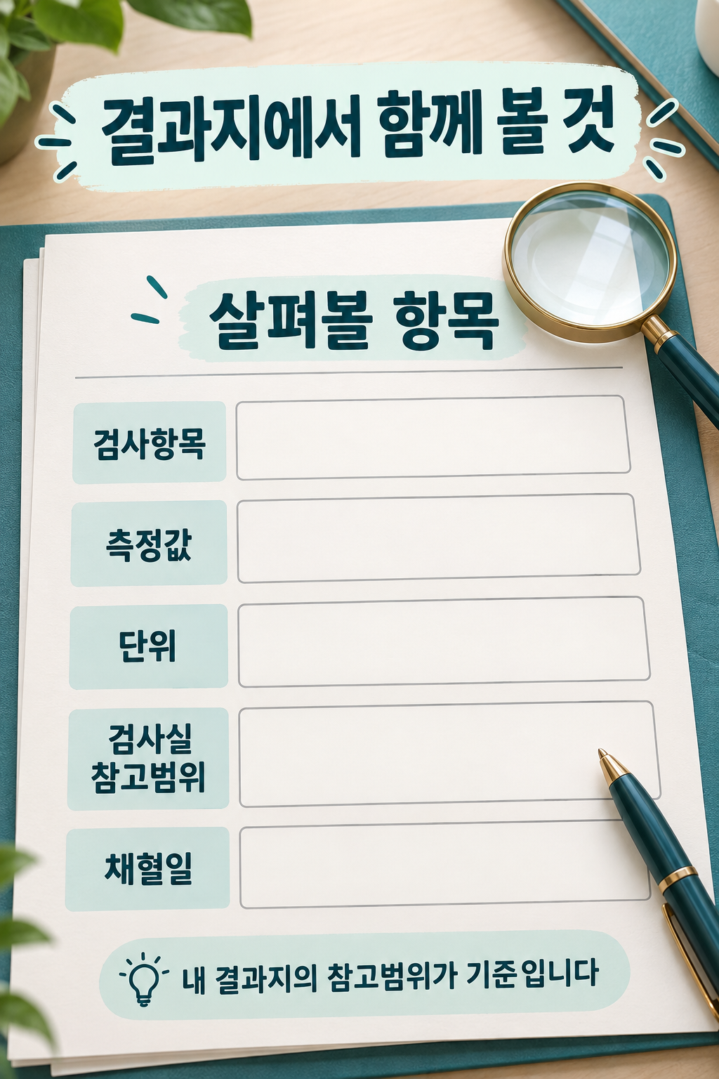 공란 설명지에 검사항목&middot;측정값&middot;단위&middot;검사실 참고범위&middot;채혈일의 다섯 항목을 표시한 예시