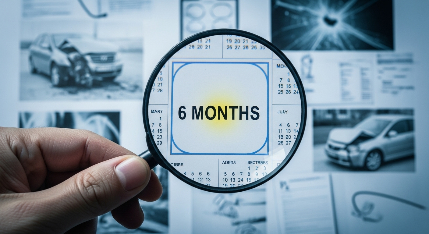 달력의 '6개월'을 돋보기로 확대해 보는 손. 뒤편에는 흐릿한 교통사고 현장과 의료 문서들이 보인다. 교통사고 후유장해 보상에서 6개월 시점의 중요성을 강조하는 이미지.