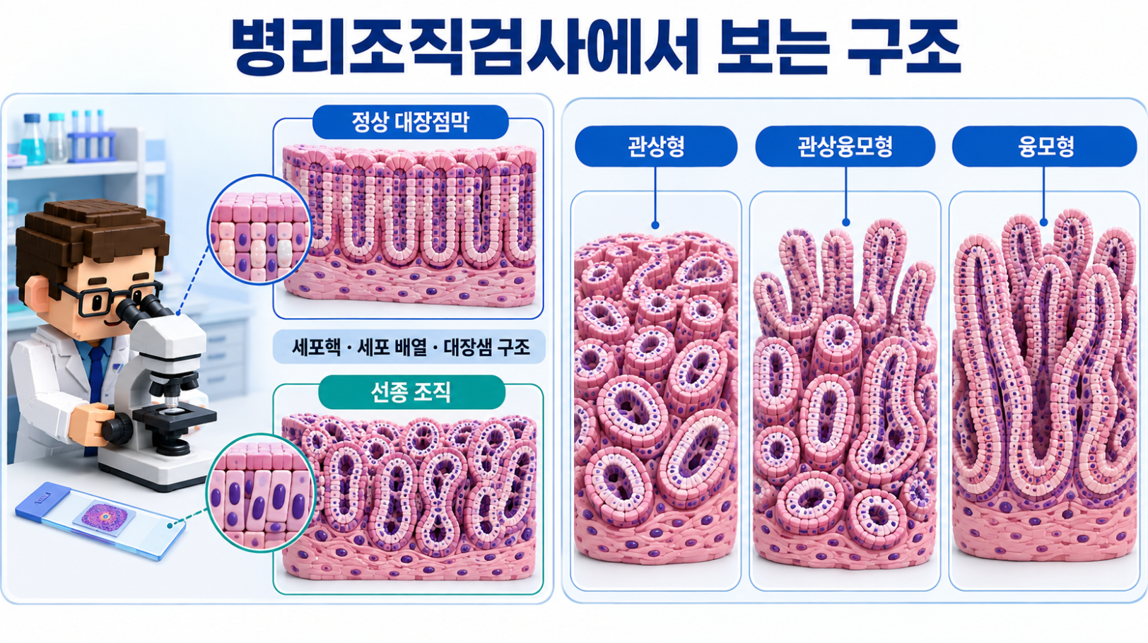 병리조직검사에서 정상 대장점막과 선종 조직 및 관상형&middot;관상융모형&middot;융모형을 비교한 그림