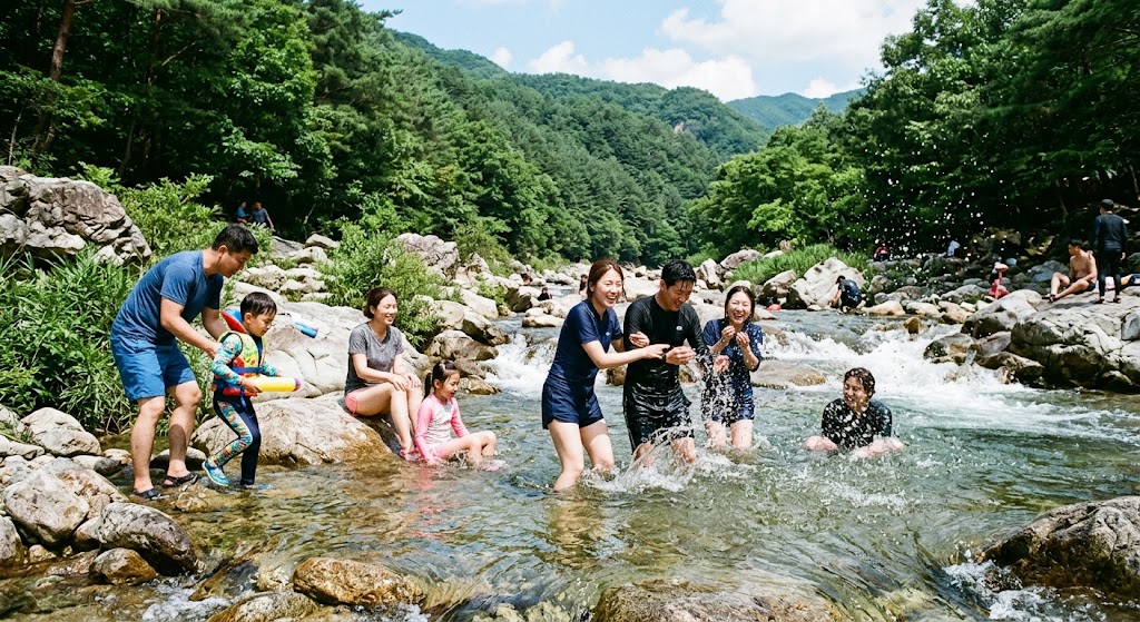 더운여름날 계곡에서 물놀이를 즐기고 있는 사람들 이미지